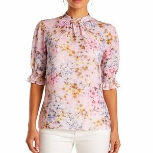Ted Baker Clove Jasmine Floral Blouse Pink Mock Neck Cottagecore Small Romantic